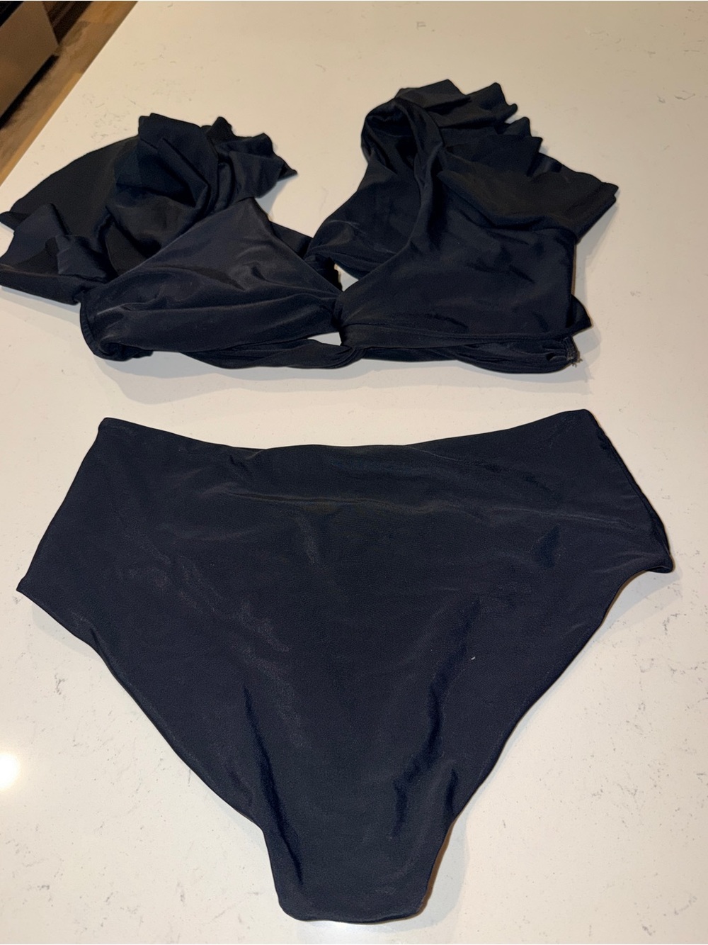 Black Ruffle High-Waist Bikini Set, Black, L - Picture 3 of 4
